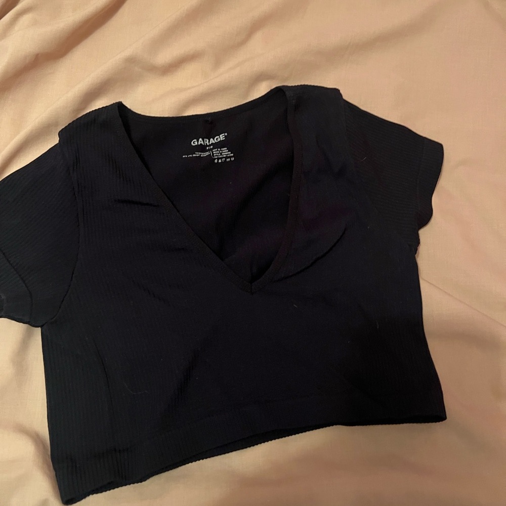 Garage Black Ribbed V-Neck Crop Top